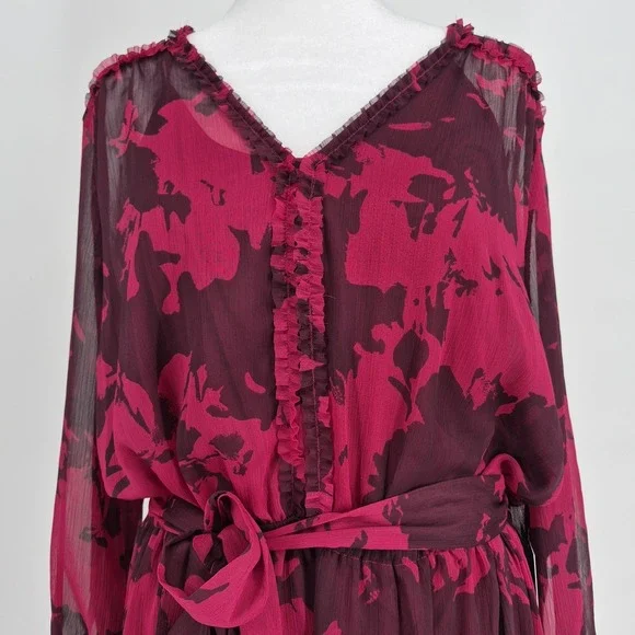 NWT Simply Vera Vera Wang Ruffle Dress Magenta Long Sleeve Mini Chiffon Sz XL - Picture 2 of 13